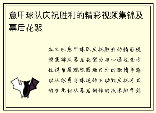 意甲球队庆祝胜利的精彩视频集锦及幕后花絮