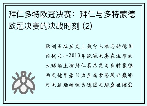 拜仁多特欧冠决赛：拜仁与多特蒙德欧冠决赛的决战时刻 (2)